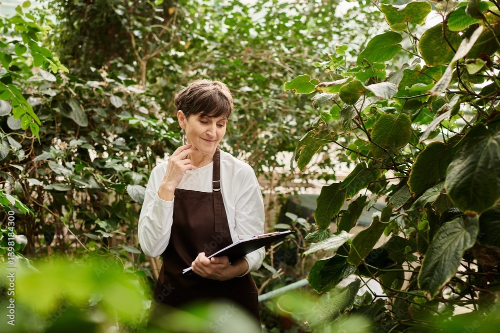Confident woman nurturing plants in a lush greenhouse environment Confident woman nurturing plants in a lush greenhouse environment