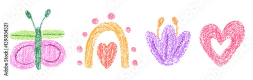 Set of flower and butterfly drawing with crayon pencil texture on transparent background