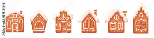 Set of Christmas gingerbread house with icing and decoration. Flat illustration with grainy texture effect