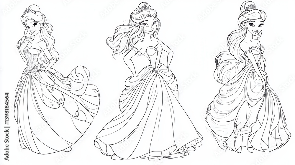 Fototapeta premium A charming line drawing of a princess character with a castle in the background, evoking a fairytale atmosphere.