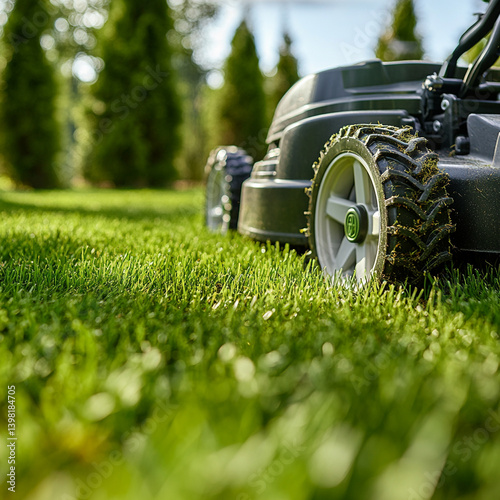 Lawn mower in action during bright sunny day