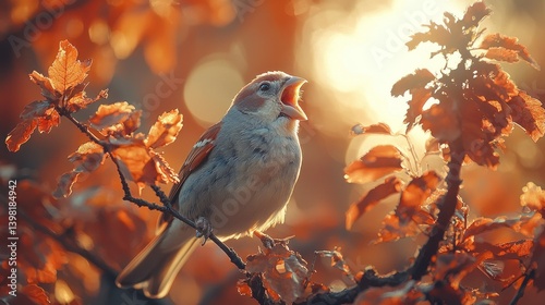 Autumn Sparrow Singing at Sunrise
