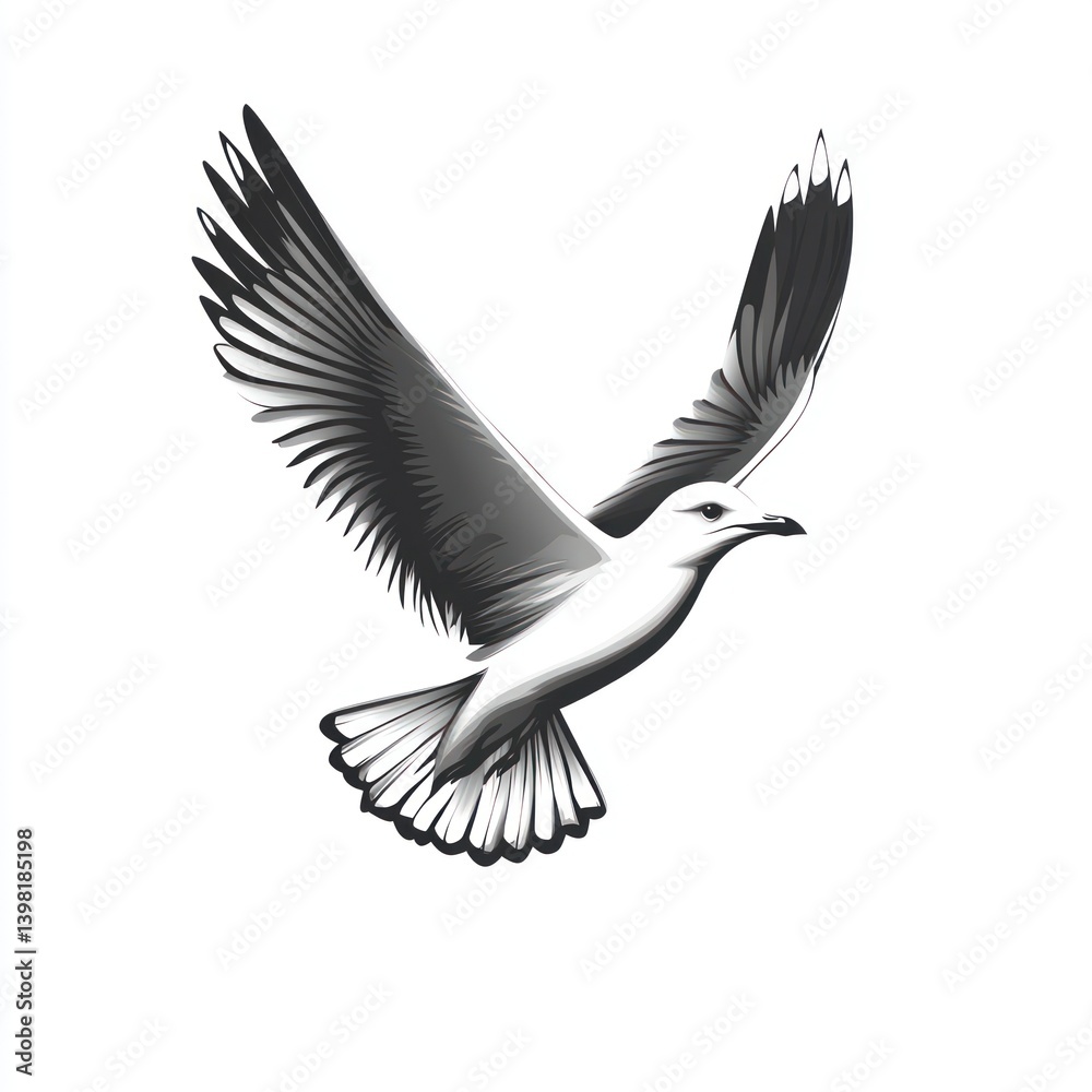 Obraz premium Soaring seagull, wings spread, white background, vector illustration, design element