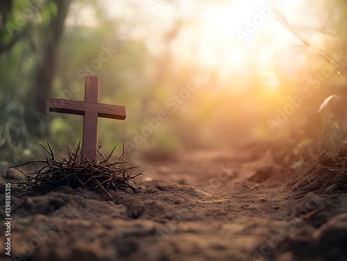 A crown of thorns and a cross on the ground with fog in the background