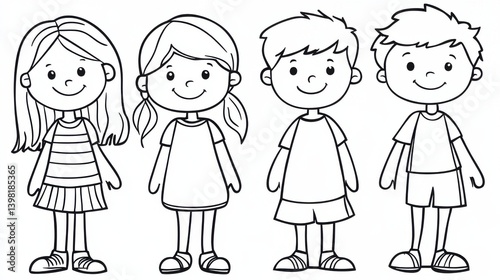 A charming line drawing of three children with smiling faces, showcasing their playful and cheerful nature.
