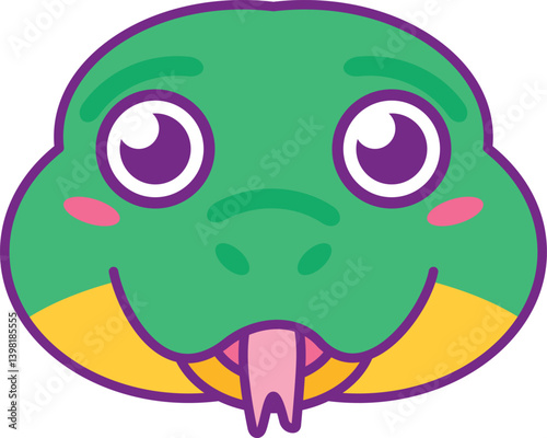 Green snake head with genuine face emotion and tongue hanging out. Symbol of 2025 Chinese calendar year. Cartoon vector illustration on blue snowy background