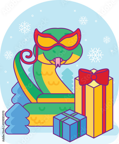 Friendly snake reptile hugs toy Christmas tree decorated with colorful balls. Symbol of 2025 Chinese calendar year. Cartoon vector illustration on blue snowy background