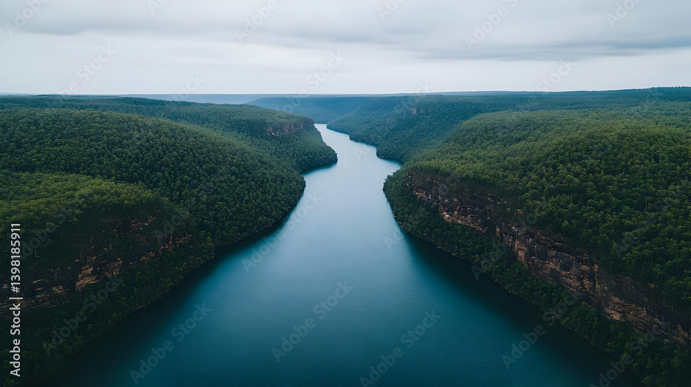Aerial View Of Winding River Through Lush Green Canyon Aerial View Of Winding River Through Lush Green Canyon