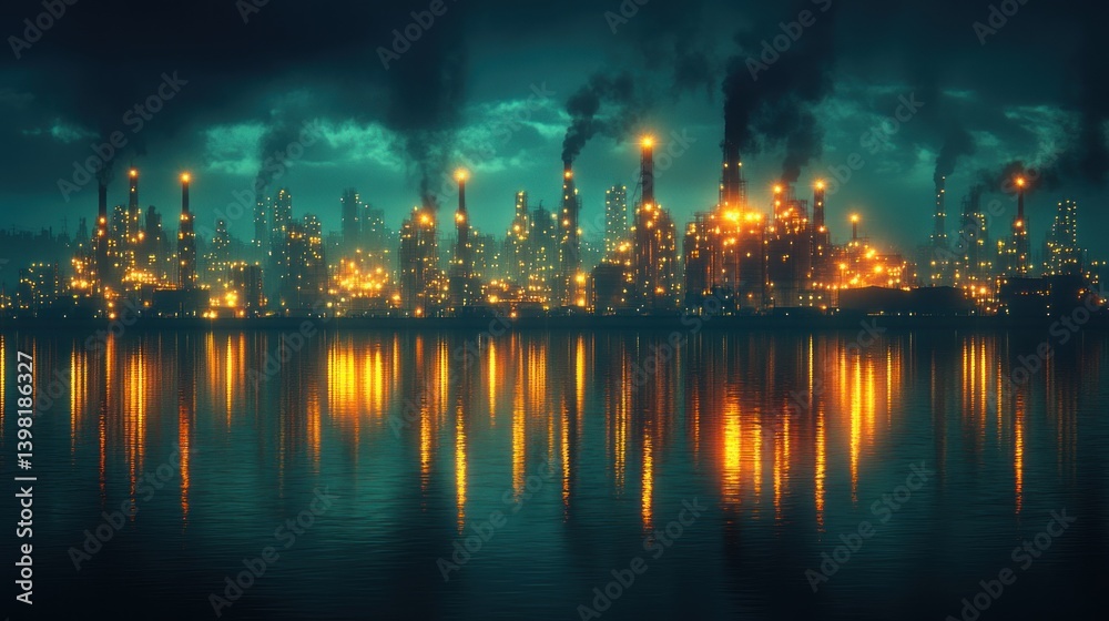 Fototapeta premium Nightfall over the Industrial Cityscape: A Reflection of Industry's Glow