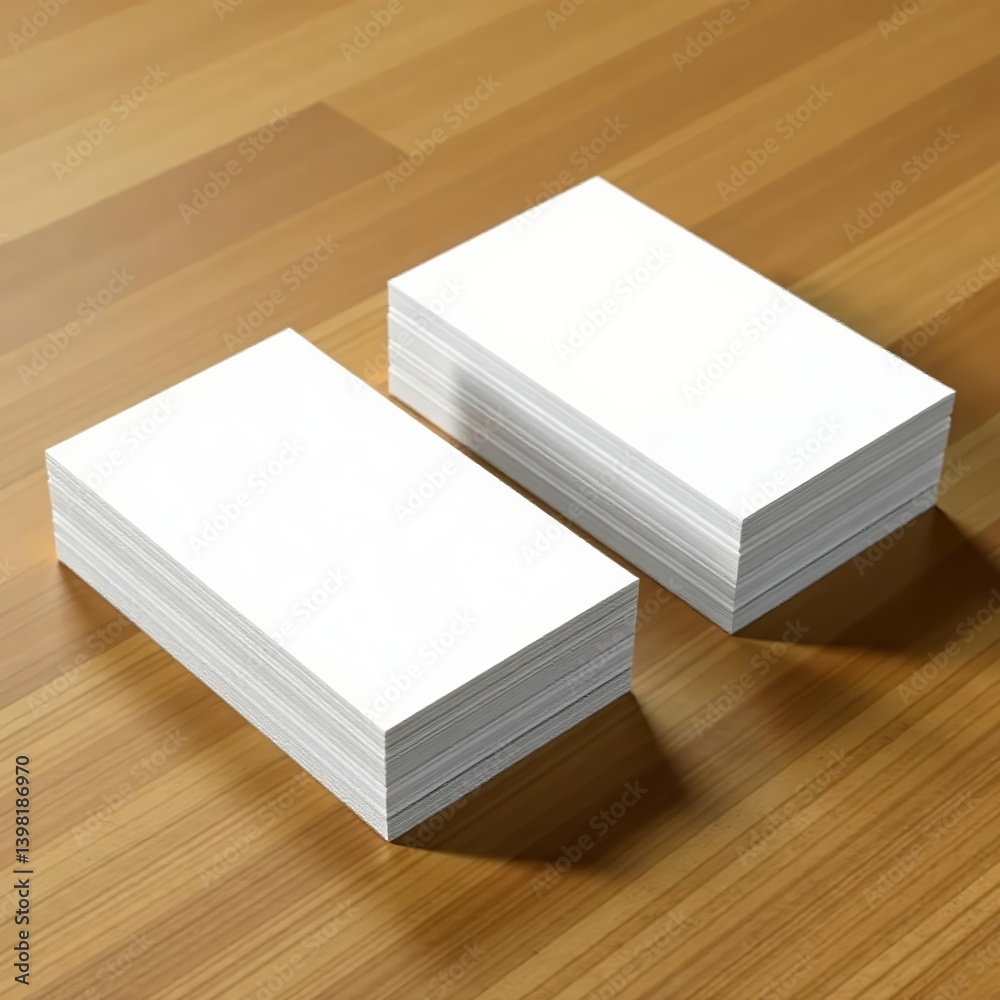 Fototapeta premium Two stacks of blank white business cards on wooden table, mockup, white, stack