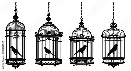 Bird cages with bird silhouettes vector elements. Decorative hanging cages with bird silhouettes vector art