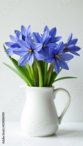 Wallpaper Mural A cluster of vibrant bluebells, nestled in a simple white jug against a stark white backdrop , photography, spring flowers Torontodigital.ca