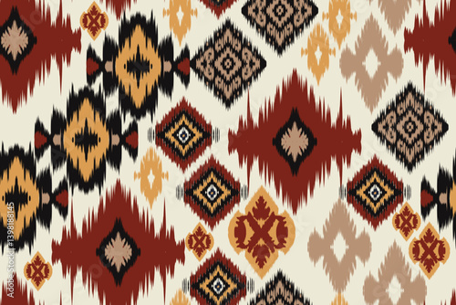 Seamless ikat pattern with multicolor geometric tribal diamond motifs in red, yellow, black, and beige tones, traditional ethnic design ideal for fabric, wallpaper, and home decor