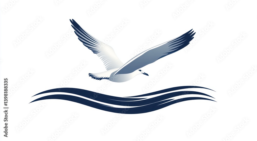 Obraz premium Seagull soaring over ocean waves; nautical design, website icon
