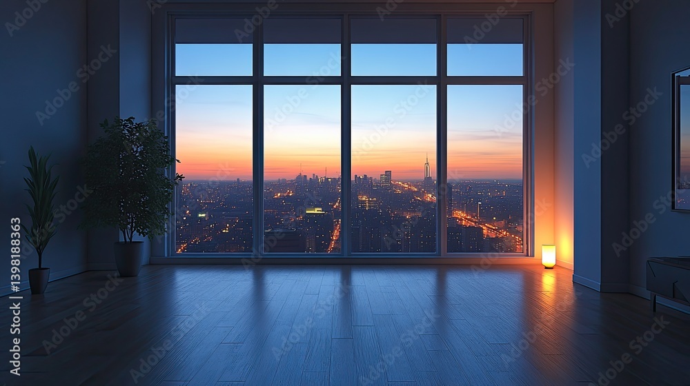 Fototapeta premium An interior room overlooking a city at sunset or sunrise