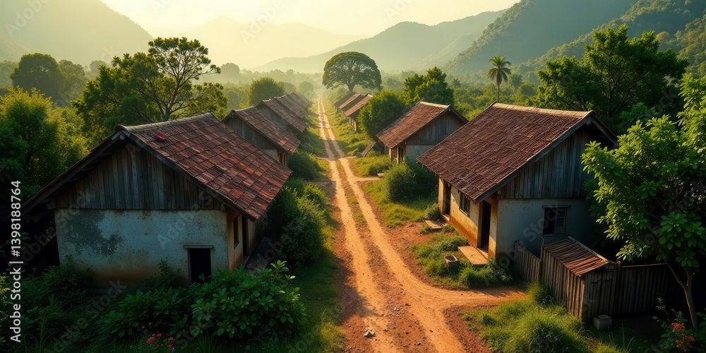 Serene Village Pathway Rustic Houses Nestled Amidst Lush Greenery and Rolling Hills at Dawn Serene Village Pathway Rustic Houses Nestled Amidst Lush Greenery and Rolling Hills at Dawn