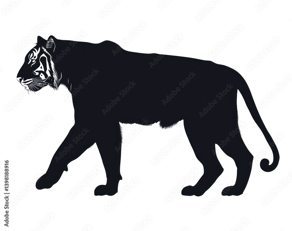 Obraz premium Walking tiger silhouette, white background, wildlife art, zoology illustration