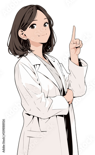 日本のアニメタッチの人差し指を立てる白衣の女性