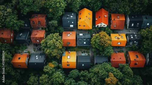 Colorful houses nestled in a lush forest, seen from above