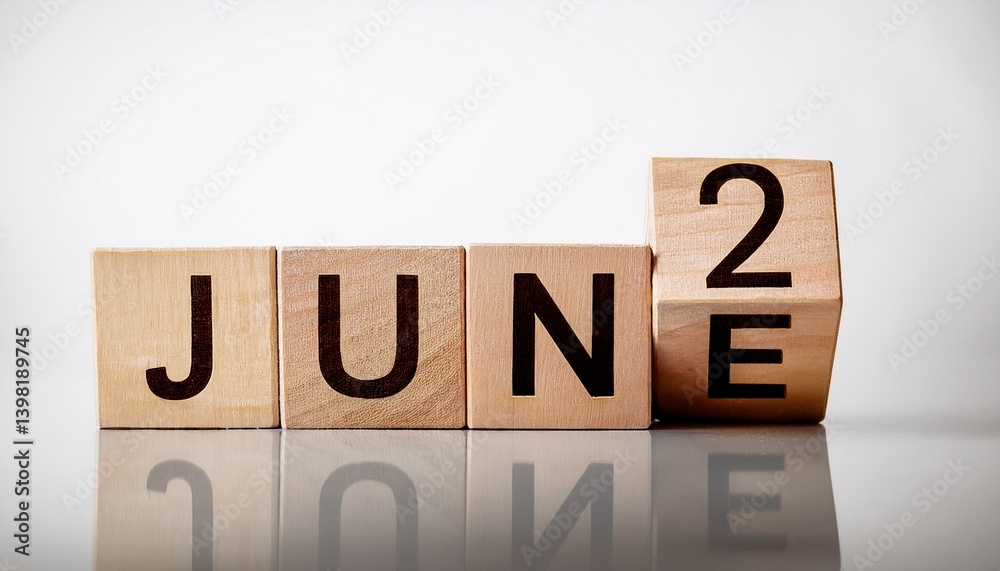 Obraz premium Minimalist photo of wooden blocks with date 2 June. Day and month, calendar on white background