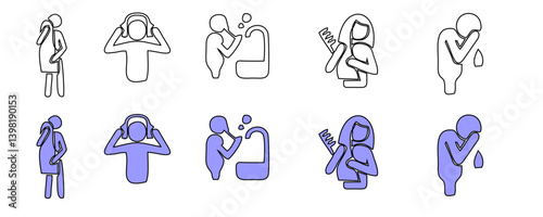 Human behaviour linear icons set. Activities of daily living.