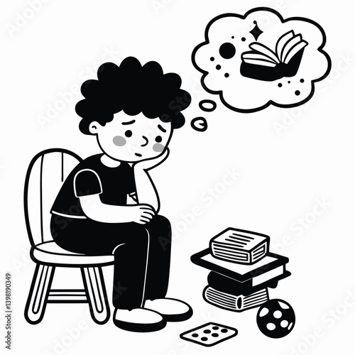 Vector black silhouettes the child does not know how to express his thoughts. Daydreaming Child with Soccer Ball Thought Bubble. black silhouettes of Child Daydreaming. 