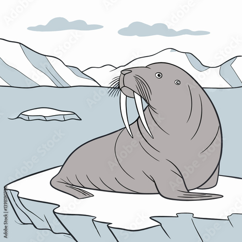 Cartoon Walrus On Iceberg For Children's Illustration