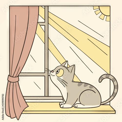 Cat Looks At Sun Rays In Window, Interior Design, Illustration