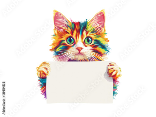 Cute cat holding blank paper isolated on transparent background. generative Ai.