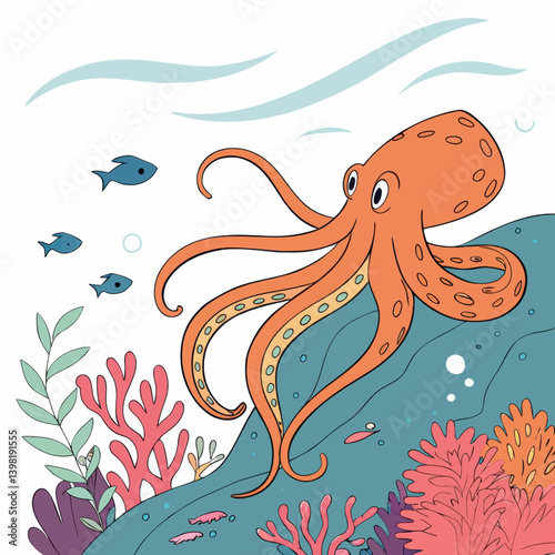ute Octopus Cartoon, Undersea Life, Ocean Art.