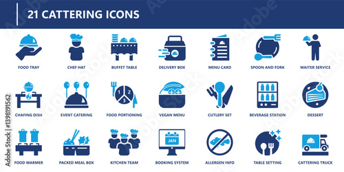 Catering icons pack in solid style featuring food tray, buffet table, delivery box, kitchen team, dessert, table setting, and allergen info.