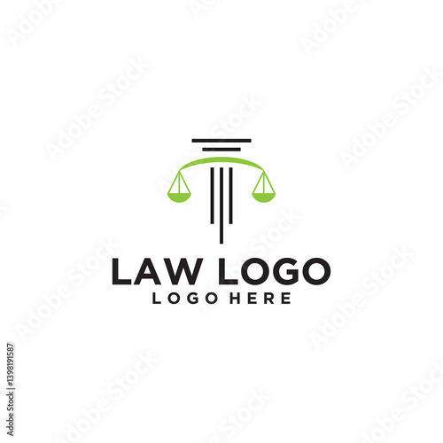 Modern Law Firm Logo Design Green Scales and Pillar on White Background