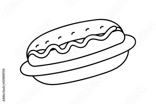 A black and white line art drawing of a hot dog in a bun with a squiggle of mustard on top.eps