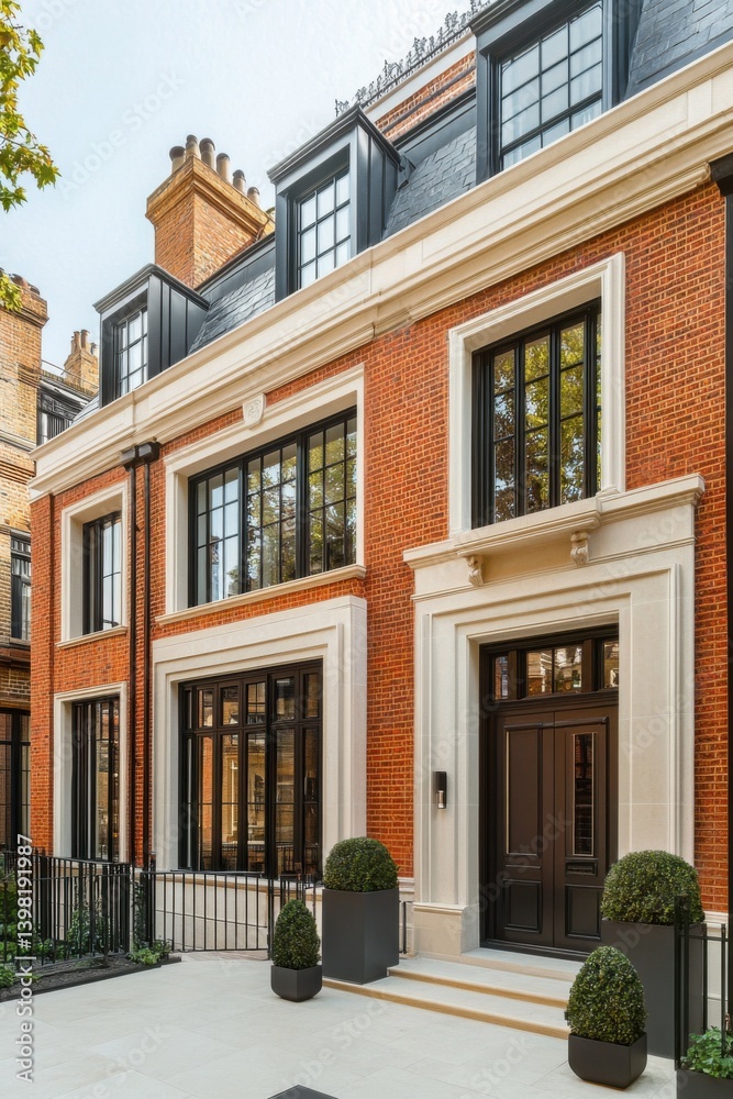 Fototapeta premium Elegant modern architecture of a brick house in a city neighborhood features large windows and well-manicured landscaping, showcasing a blend of classic and contemporary design elements