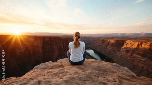 A woman with a ponytail observes a sunset over the canyon landscape, creating a moment of introspection against the golden hues illuminating the scenery.