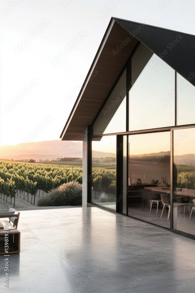 Modern architecture blends with vineyard landscape during sunset, showcasing large glass windows and a stylish outdoor seating area in serene surroundings Modern architecture blends with vineyard landscape during sunset, showcasing large glass windows and a stylish outdoor seating area in serene surroundings