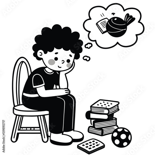 Vector black silhouettes the child does not know how to express his thoughts. Daydreaming Child with Soccer Ball Thought Bubble. black silhouettes of Child Daydreaming. 