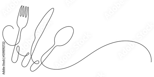 Fork, knife and spoon. Continuous line drawing. Menu frame border doodle.