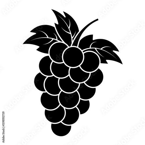 Grapes Bunch Silhouette with Leaves. Vector Illustration. The grapes are arranged in a classic cluster shape, with smooth round berries forming a compact bunch.