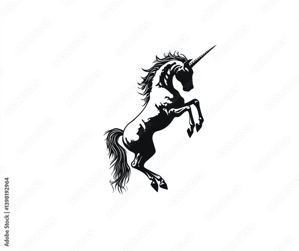 Fototapeta premium Majestic black unicorn rearing, white background, fantasy art, for design