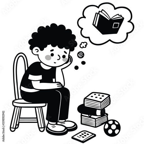 Vector black silhouettes the child does not know how to express his thoughts. Daydreaming Child with Soccer Ball Thought Bubble. black silhouettes of Child Daydreaming. 