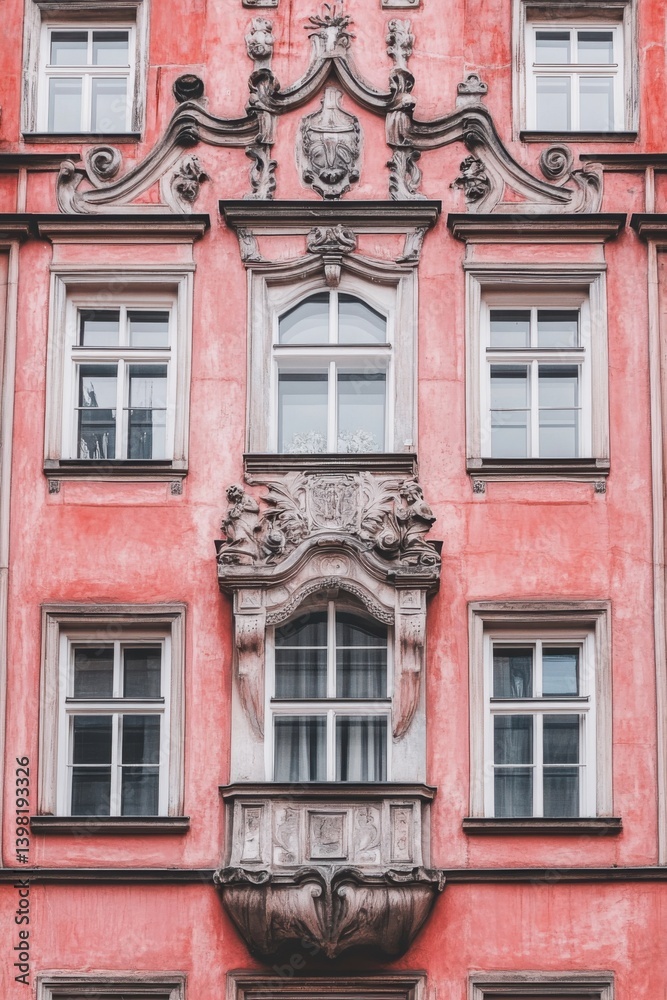 Fototapeta premium Ornate architectural features on a pink building facade showcasing intricate designs and window details in a charming urban setting