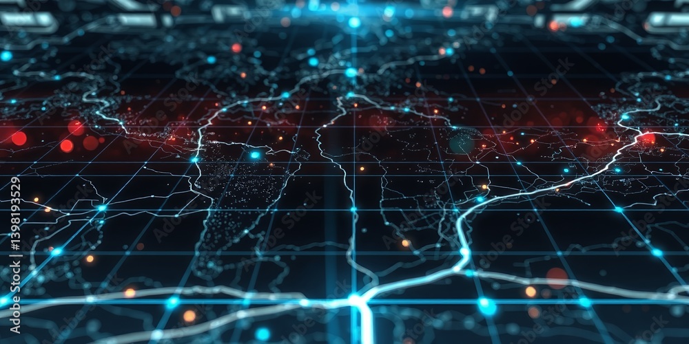 Obraz premium Illuminated world map with glowing lines and dots on a grid background in a futuristic style