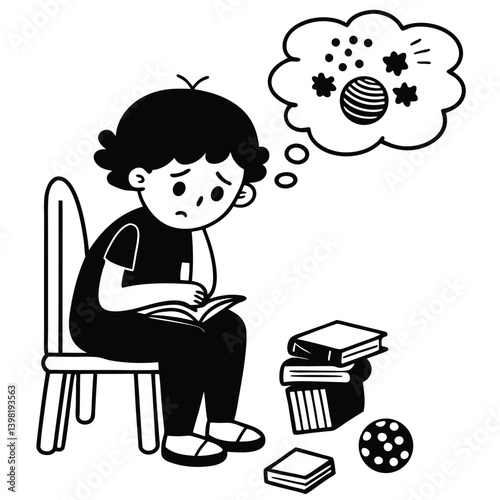 Vector black silhouettes the child does not know how to express his thoughts. Daydreaming Child with Soccer Ball Thought Bubble. black silhouettes of Child Daydreaming. 