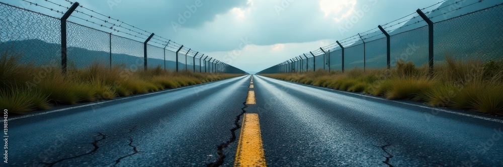 Fototapeta premium Cracked asphalt, barbed wire fence, overcast sky, image, road