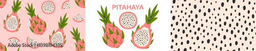 Pitahaya, seeds seamless pattern set. Fruit and berry jam background and icon. Flat Vector illustration 