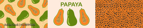 Papaya, seeds seamless pattern set. Fruit and berry jam background and icon. Flat Vector illustration 
