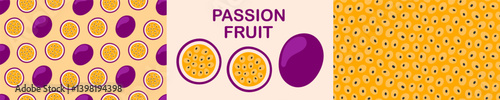 Passion fruit, seeds seamless pattern set. Fruit and berry jam background and icon. Flat Vector illustration 