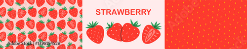 Strawberry, seeds seamless pattern set. Fruit and berry jam background and icon. Flat Vector illustration  