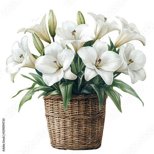 Lily bouquet in a basket, watercolor illustration, isolated on a white background.

